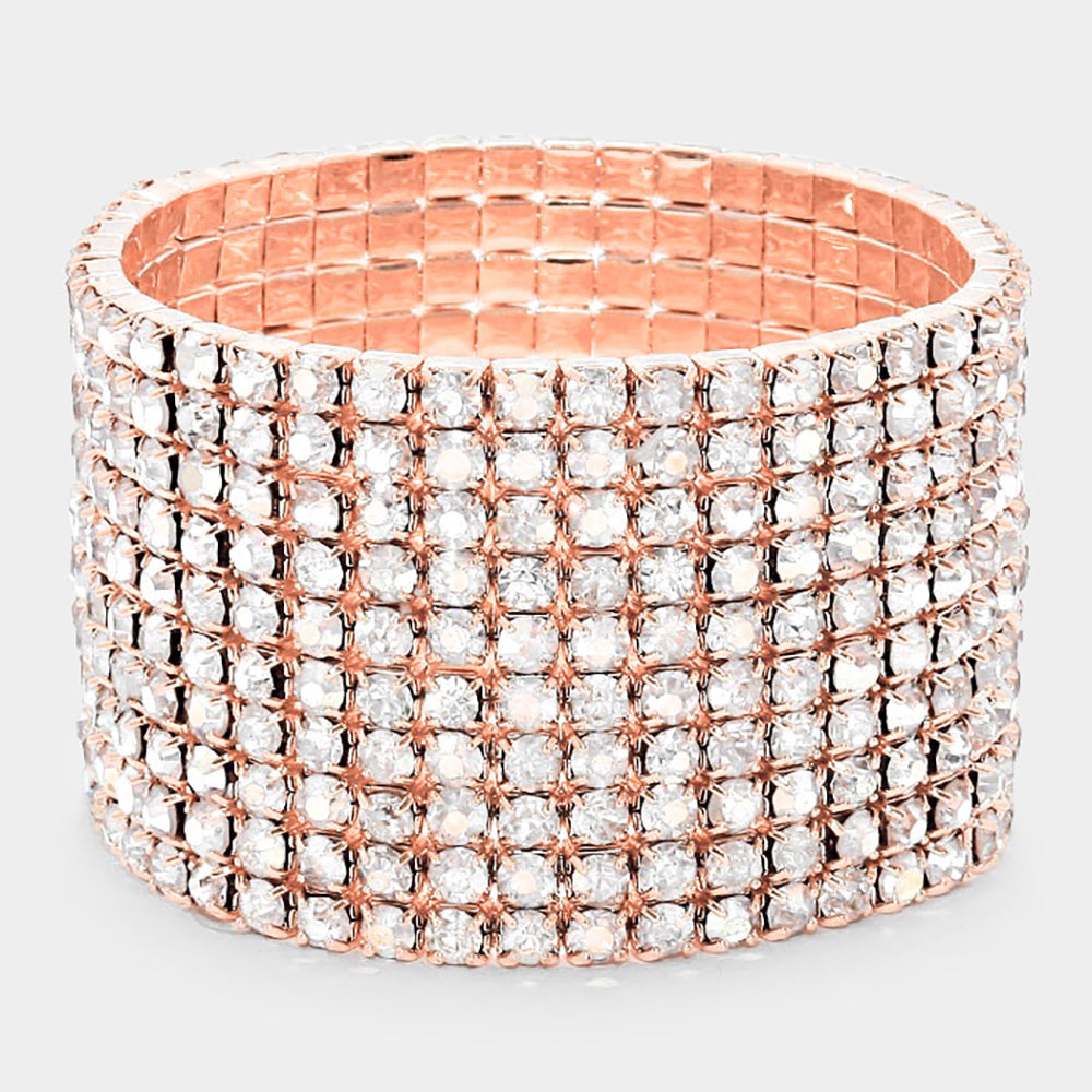 Madeline Love Clear, Rose Gold 10-ROW Rhinestone Stretch Evening Bracelet - Bracelets