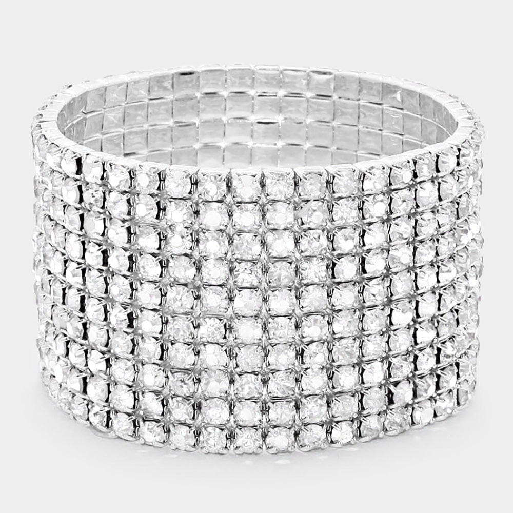 Madeline Love Clear, Silver 10-ROW Rhinestone Stretch Evening Bracelet - Bracelets