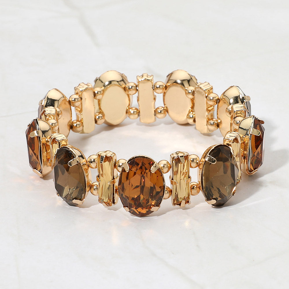 Madeline Love Brown, Gold Faceted Gemstone Cluster Beaded Stretch Evening Bracelet