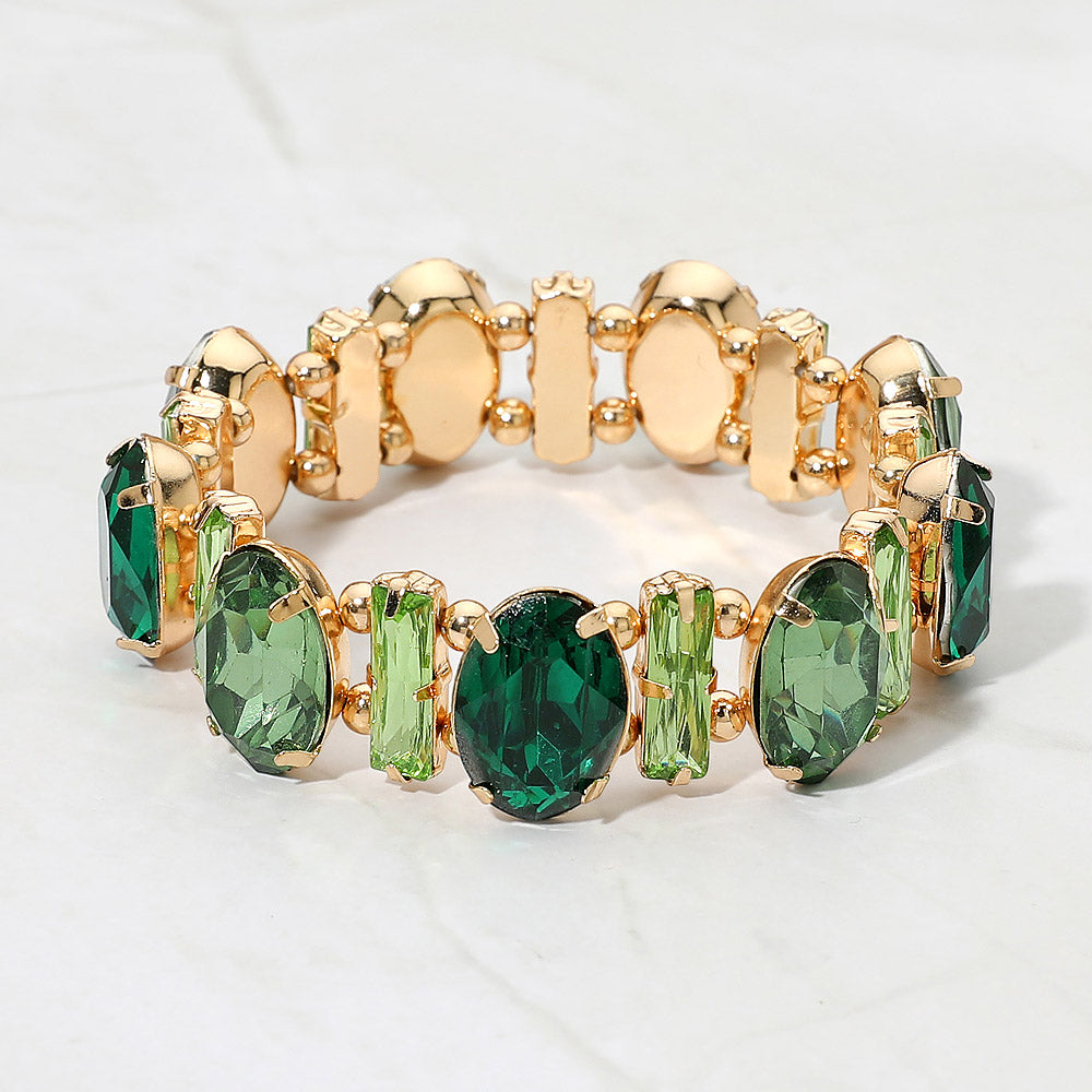 Madeline Love Gold, Green Faceted Gemstone Cluster Beaded Stretch Evening Bracelet