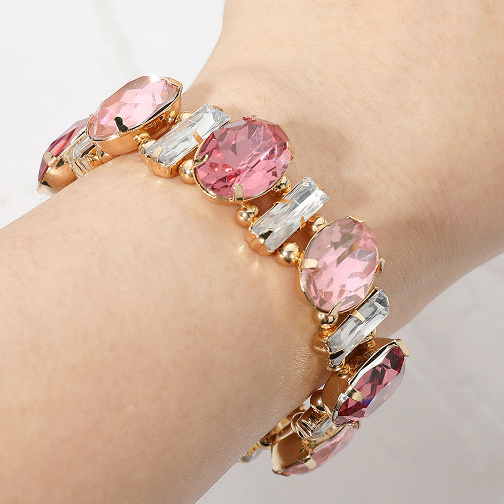 Madeline Love Gold, Pink Faceted Gemstone Cluster Beaded Stretch Evening Bracelet