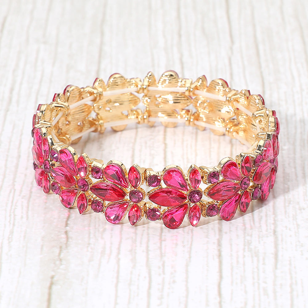 Madeline Love Fuchsia, Gold Floral Crystal Stretch Evening Bracelet