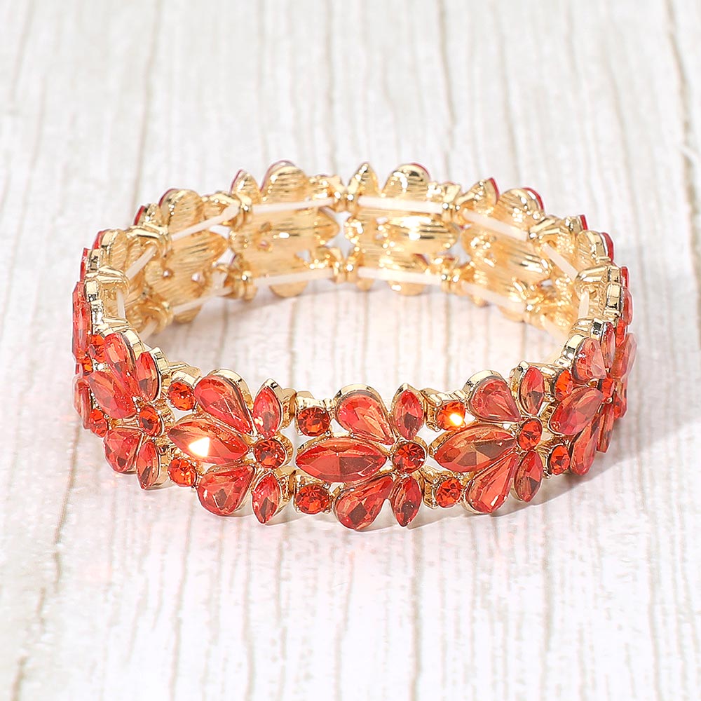 Madeline Love Gold, Orange Floral Crystal Stretch Evening Bracelet