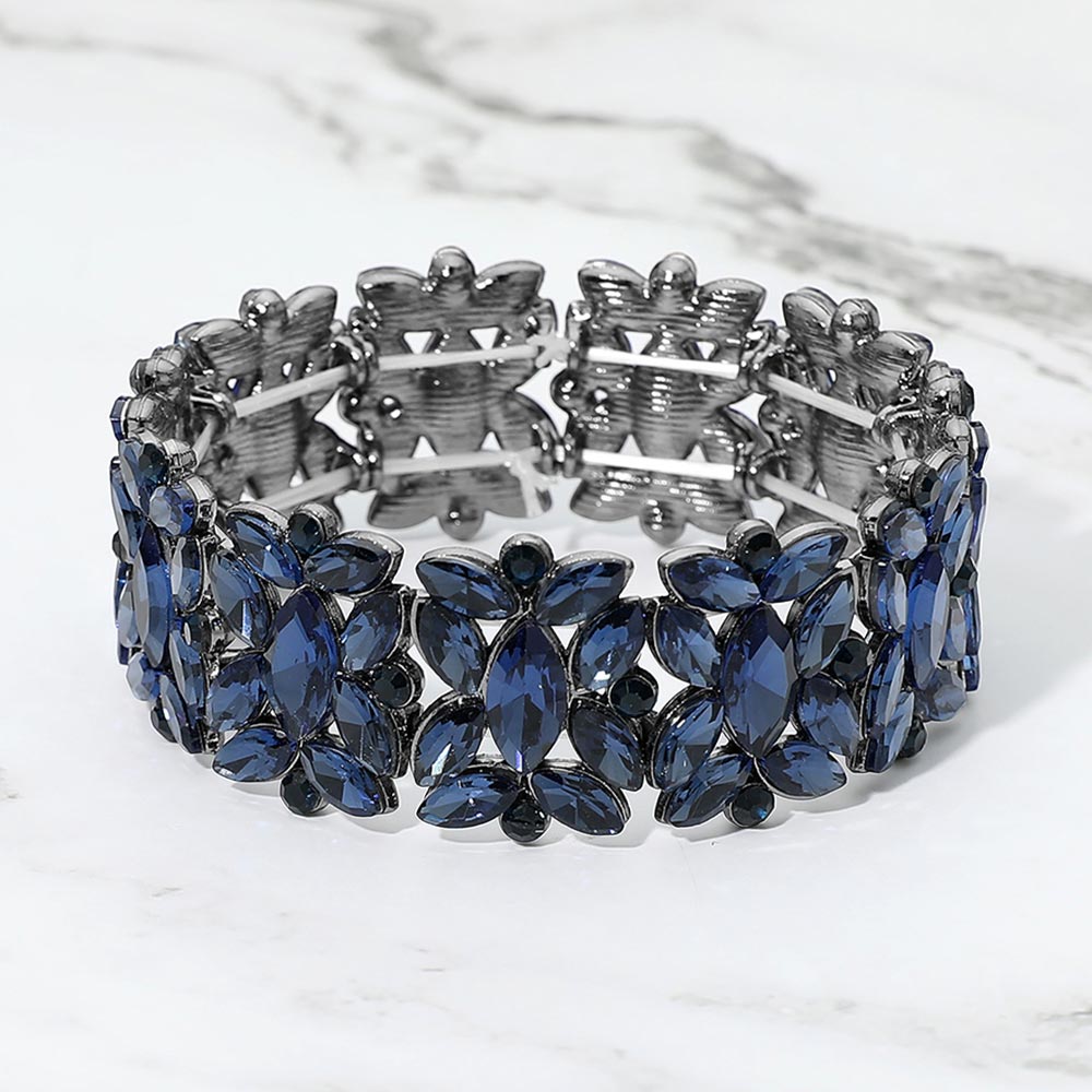 Madeline Love Black, Montana Blue Marquise Floral Oval Crystal Cluster Stretch Evening Bracelet