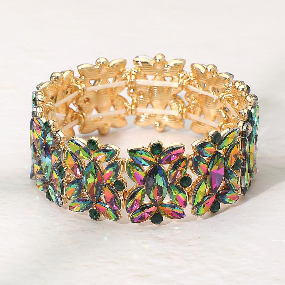 Madeline Love Gold, Vitrail Medium Marquise Floral Oval Crystal Cluster Stretch Evening Bracelet