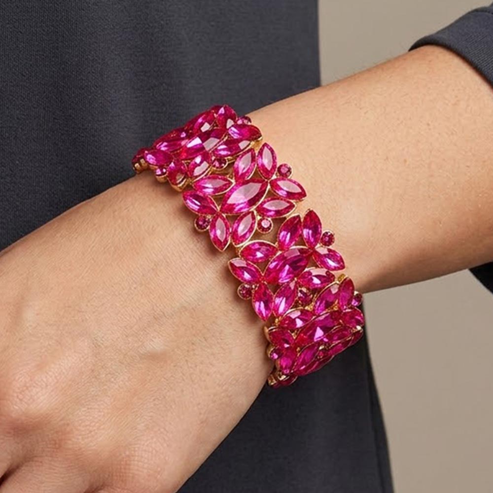 Madeline Love Fuchsia Marquise Floral Oval Crystal Cluster Stretch Evening Bracelet