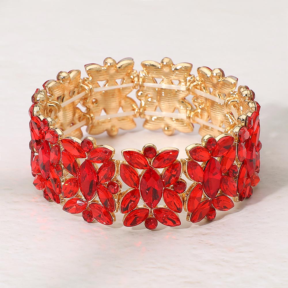 Madeline Love Gold, Light, Siam Marquise Floral Oval Crystal Cluster Stretch Evening Bracelet