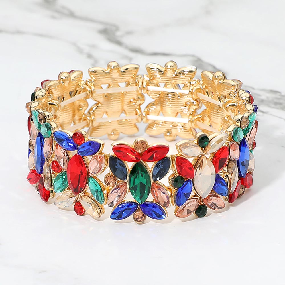 Madeline Love Gold, Multi Marquise Floral Oval Crystal Cluster Stretch Evening Bracelet