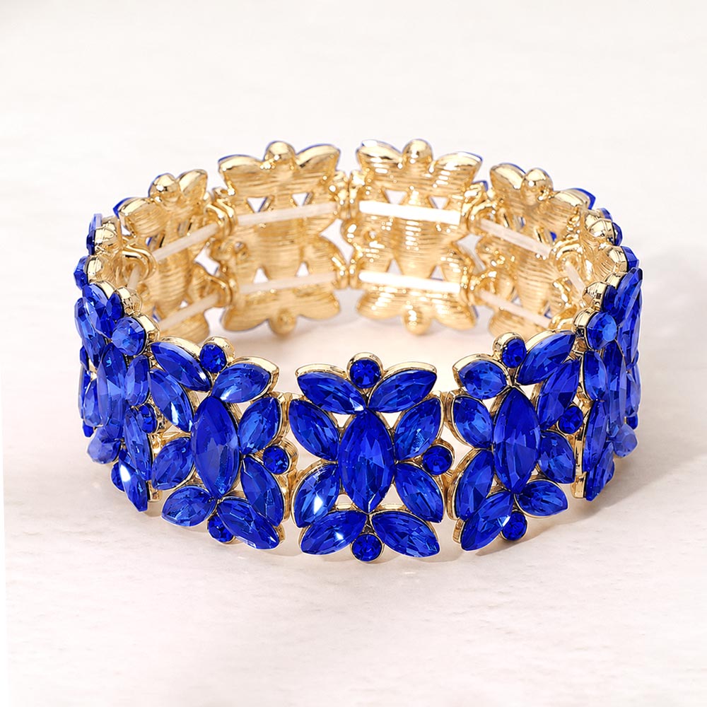 Madeline Love Gold, Sapphire Marquise Floral Oval Crystal Cluster Stretch Evening Bracelet