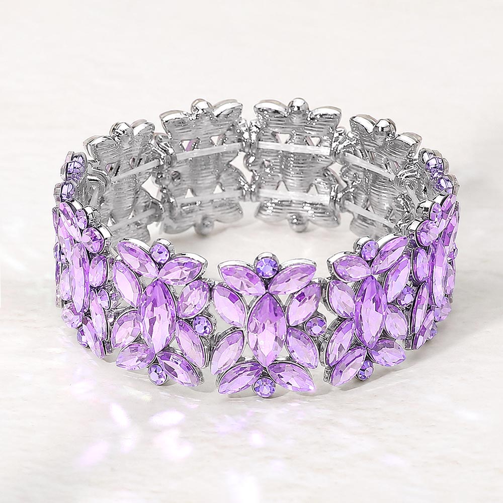 Madeline Love Violet Marquise Floral Oval Crystal Cluster Stretch Evening Bracelet