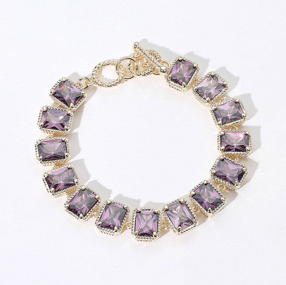 Madeline Love Amethyst , Gold 14K Gold Plated CZ Emerald Cut Stone Cluster Link Evening Toggle Bracelet