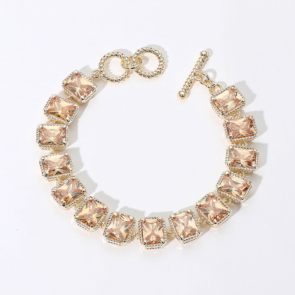 Madeline Love Champagne, Gold 14K Gold Plated CZ Emerald Cut Stone Cluster Link Evening Toggle Bracelet
