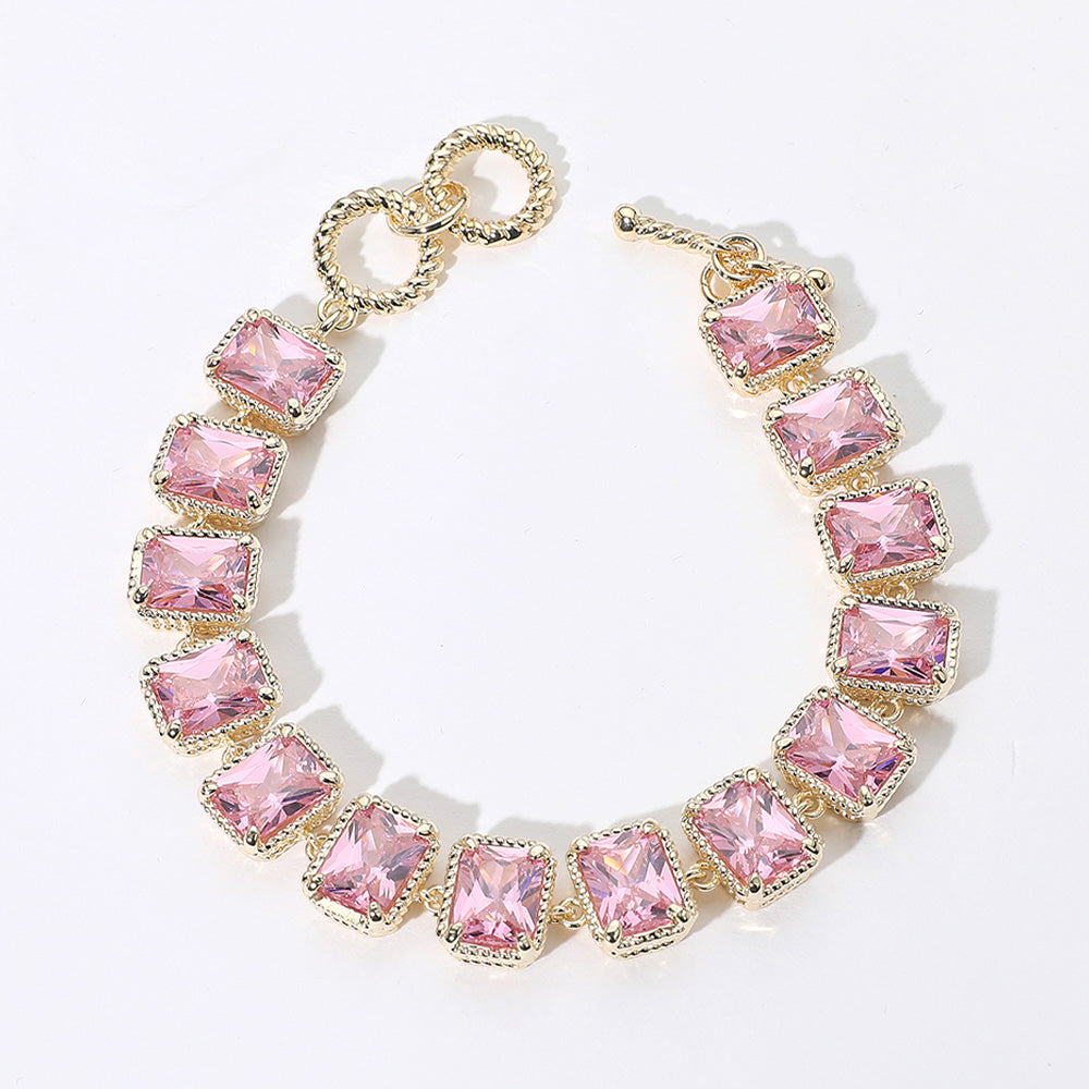 Madeline Love Gold, Pink 14K Gold Plated CZ Emerald Cut Stone Cluster Link Evening Toggle Bracelet