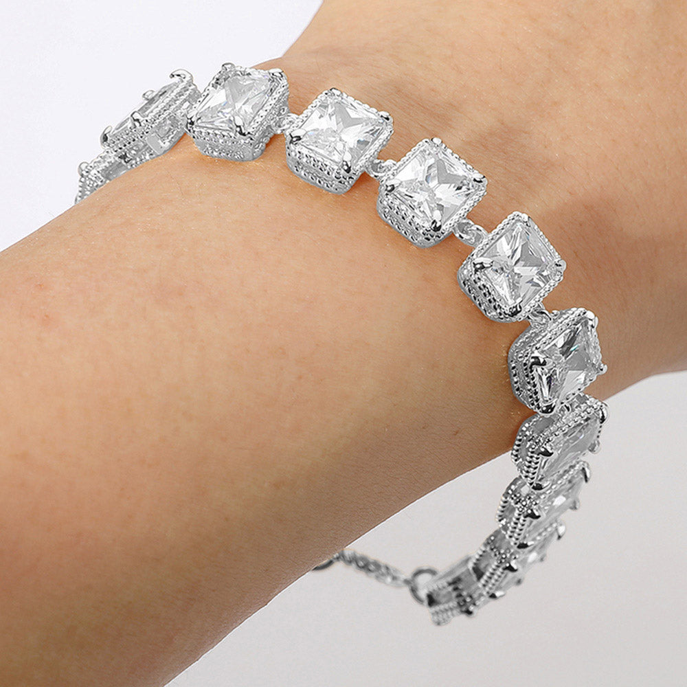 Madeline Love Clear, Rhodium 14K Gold Plated CZ Emerald Cut Stone Cluster Link Evening Toggle Bracelet