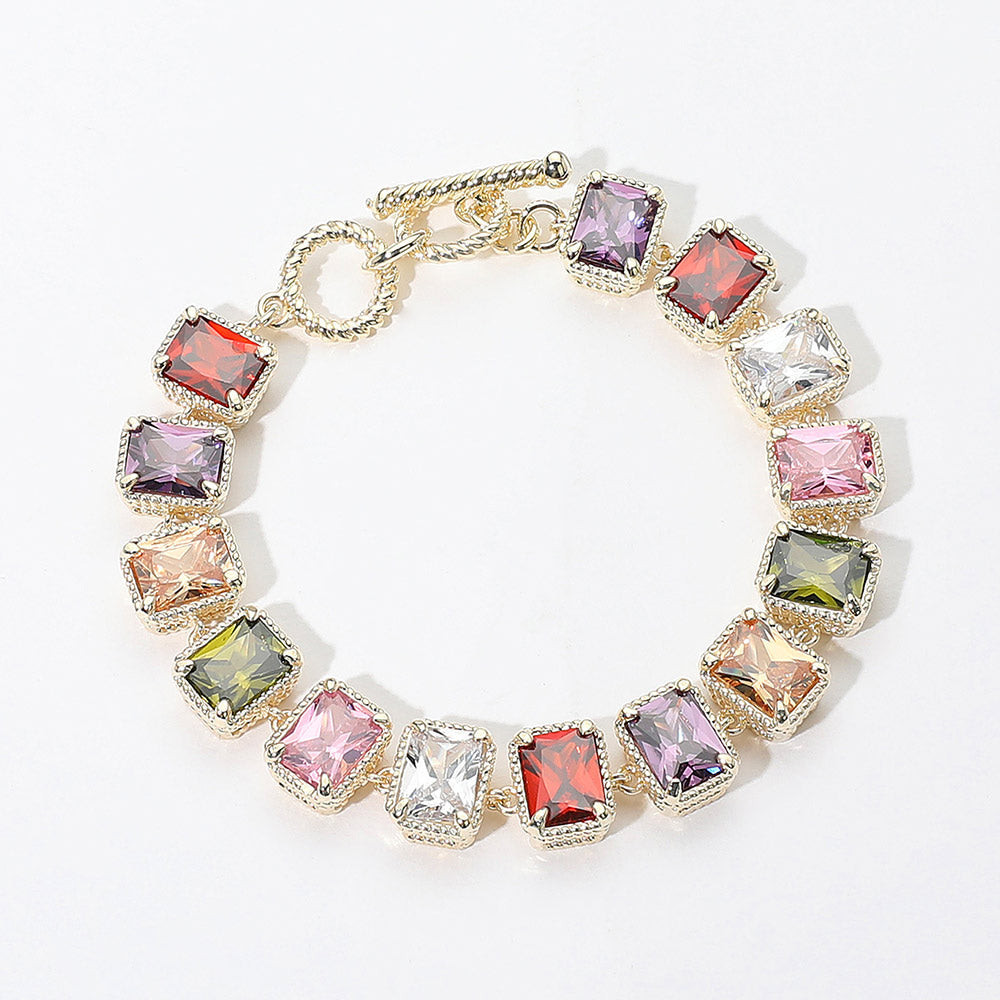 Madeline Love Gold, Multi 14K Gold Plated CZ Emerald Cut Stone Cluster Link Evening Toggle Bracelet