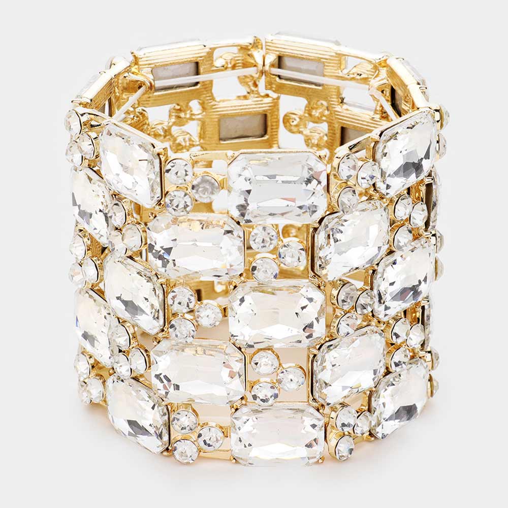 Madeline Love Clear, Gold Emerald Cut Crystal Stretch Evening Bracelet
