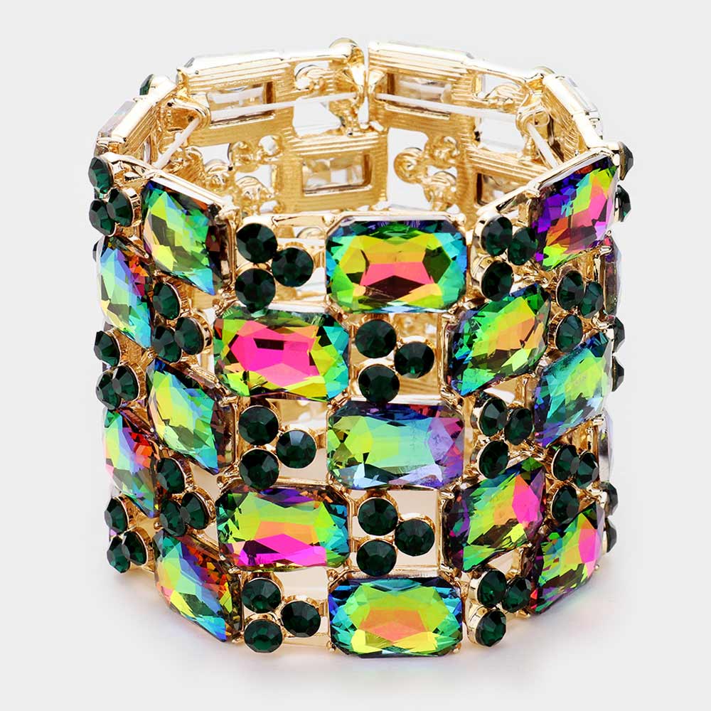 Madeline Love Gold, Vitrail Medium Emerald Cut Crystal Stretch Evening Bracelet