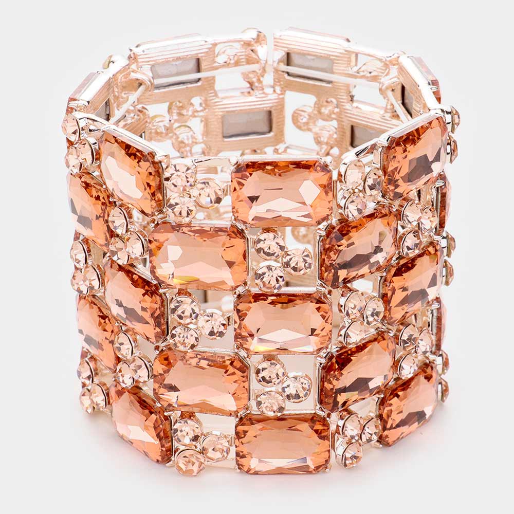 Madeline Love Peach, Rose Gold Emerald Cut Crystal Stretch Evening Bracelet