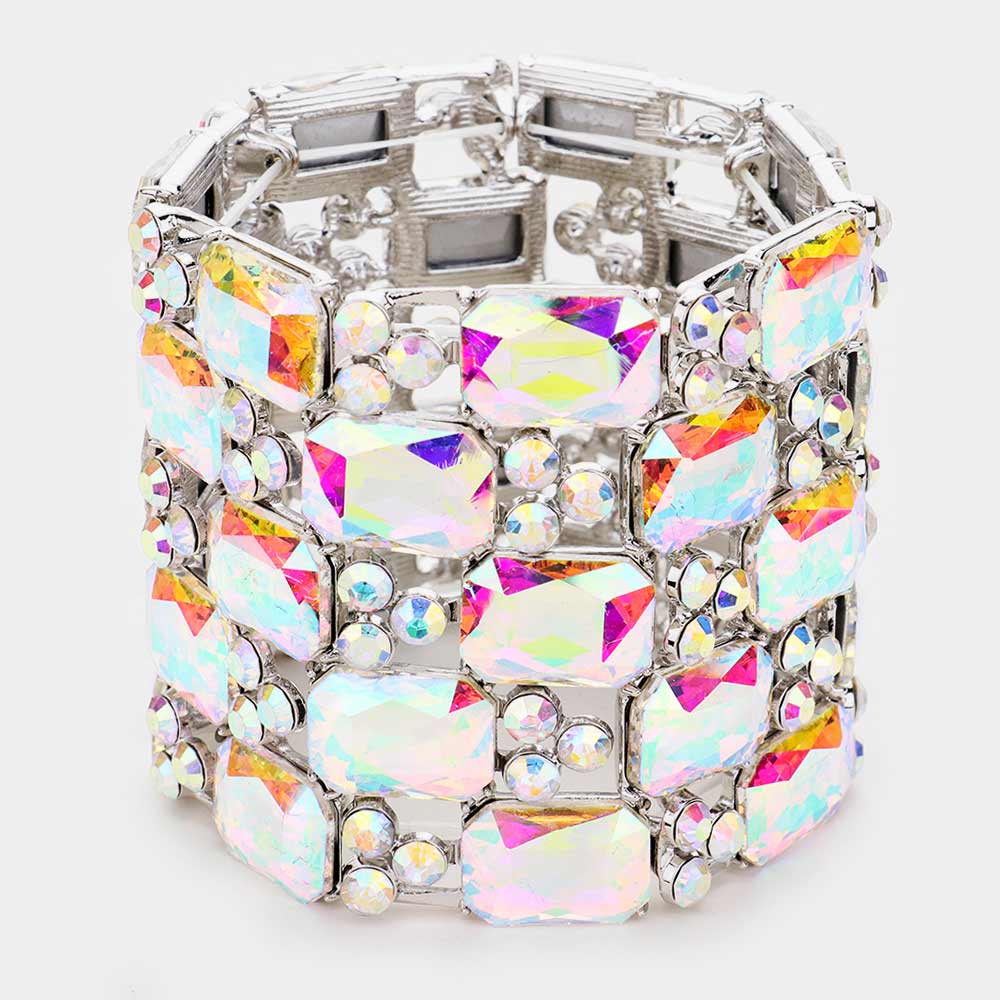 Madeline Love AB, Silver Emerald Cut Crystal Stretch Evening Bracelet