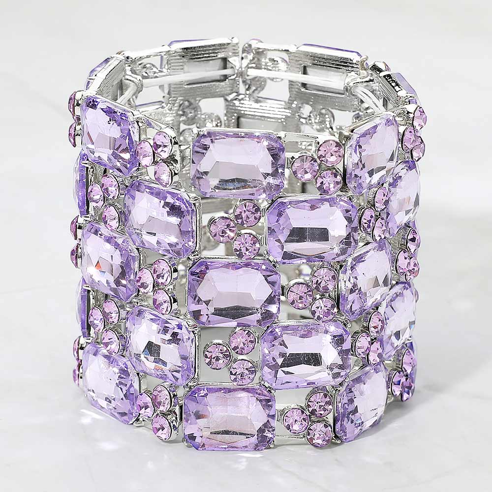 Madeline Love Silver, Violet Emerald Cut Crystal Stretch Evening Bracelet