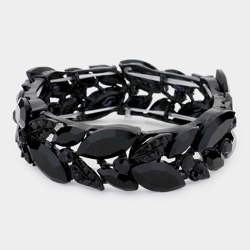 Madeline Love Jet Black Marquise Stone Accented Leaf Cluster Stretch Evening Bracelet