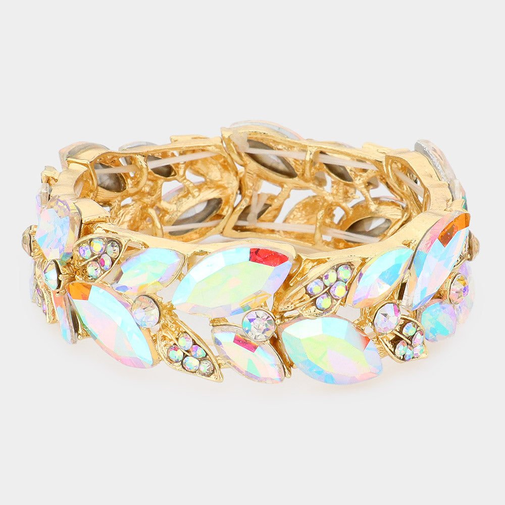 Madeline Love AB, Gold Marquise Stone Accented Leaf Cluster Stretch Evening Bracelet