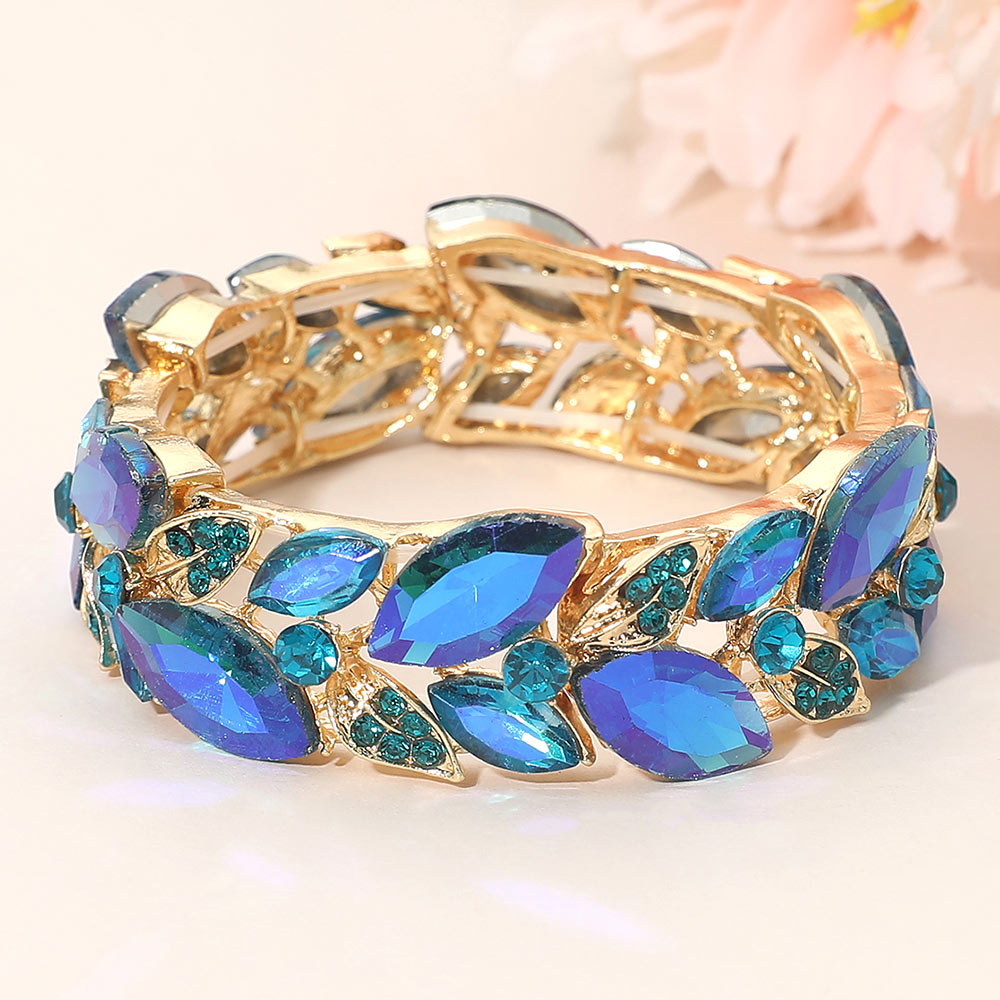 Madeline Love AB, Blue, Gold Marquise Stone Accented Leaf Cluster Stretch Evening Bracelet