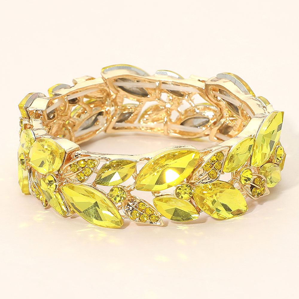 Madeline Love Gold, Yellow Marquise Stone Accented Leaf Cluster Stretch Evening Bracelet