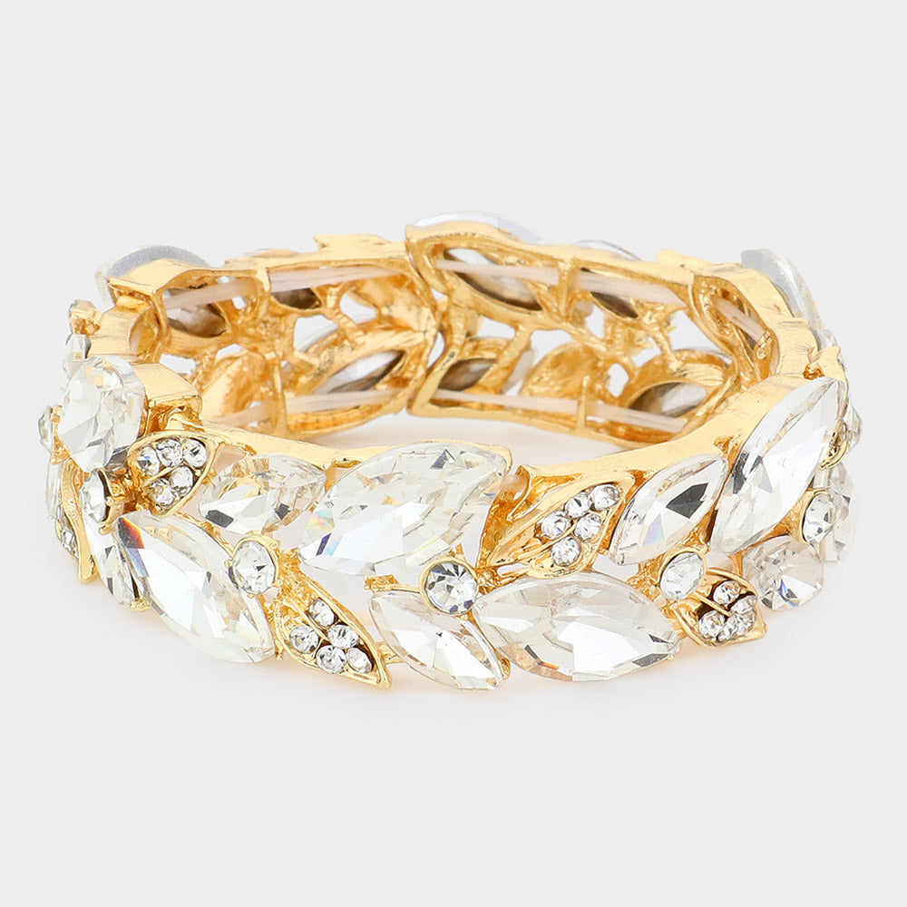 Madeline Love Clear, Gold Marquise Stone Accented Leaf Cluster Stretch Evening Bracelet