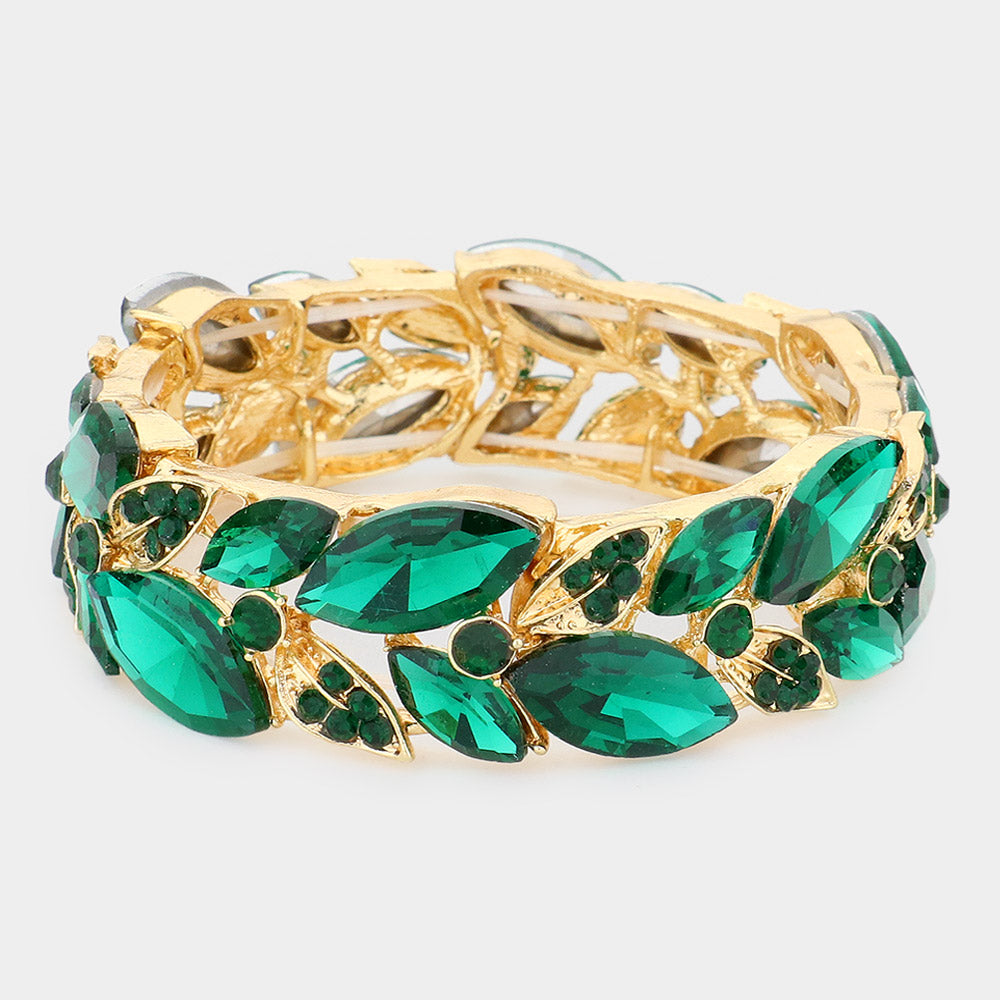 Madeline Love Emerald, Gold Marquise Stone Accented Leaf Cluster Stretch Evening Bracelet