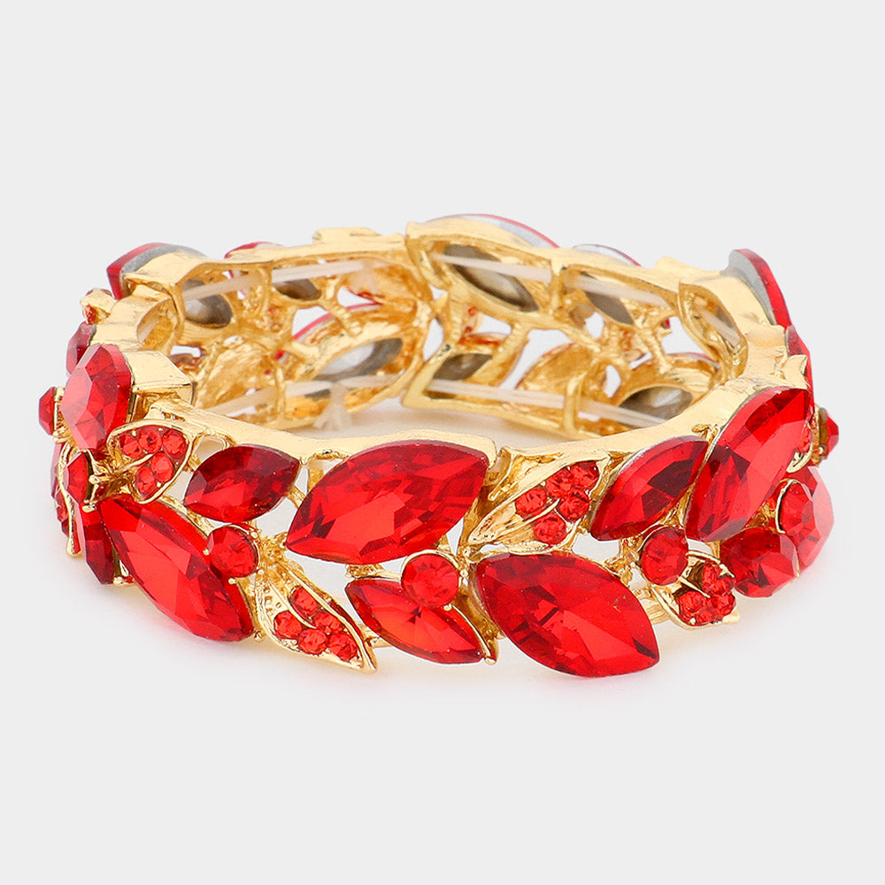 Madeline Love Gold, Siam Marquise Stone Accented Leaf Cluster Stretch Evening Bracelet