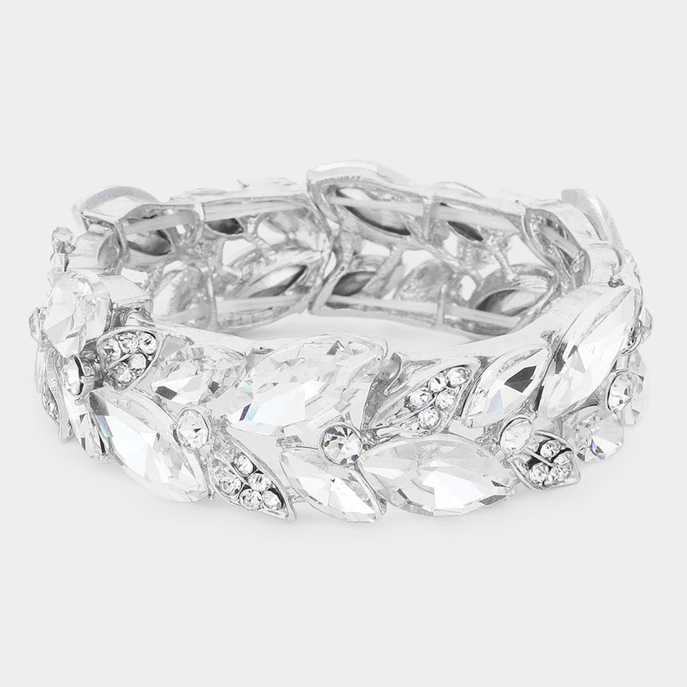Madeline Love Clear, Silver Marquise Stone Accented Leaf Cluster Stretch Evening Bracelet