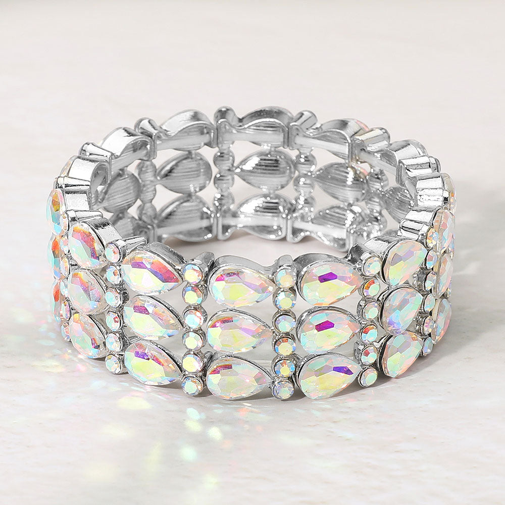 Madeline Love AB, Silver Three-row Teardrop Gem Beaded Stretch Evening Bracelet