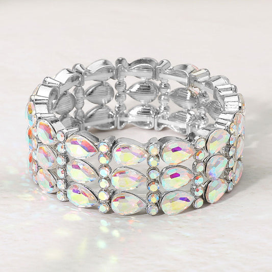 Madeline Love AB, Silver Three-row Teardrop Gem Beaded Stretch Evening Bracelet