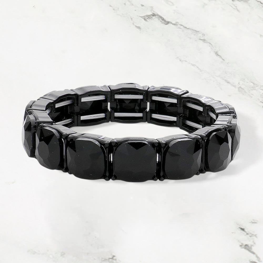 Madeline Love Black, Jet Black Cushion Square Stone Stretch Evening Bracelet