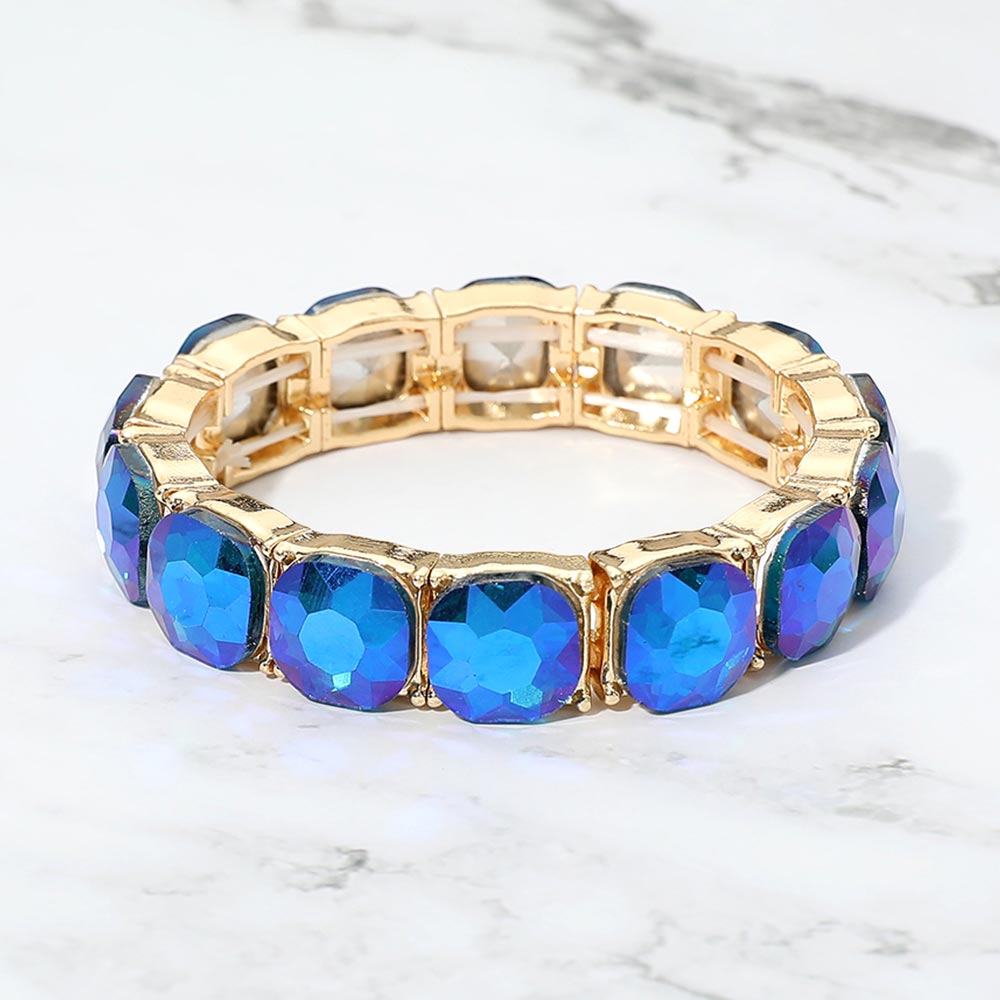 Madeline Love AB, Blue, Gold Cushion Square Stone Stretch Evening Bracelet