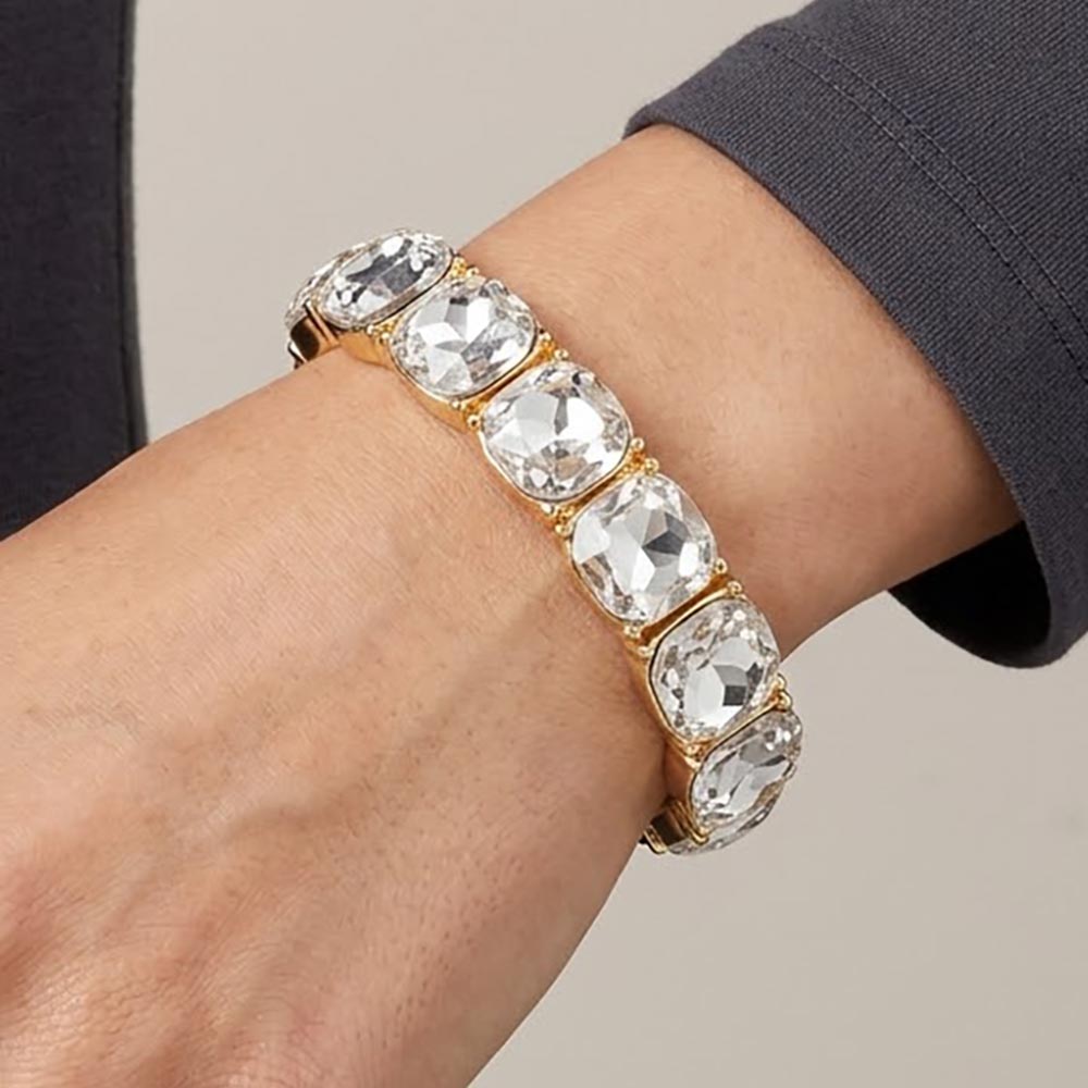 Madeline Love Clear, Gold Cushion Square Stone Stretch Evening Bracelet