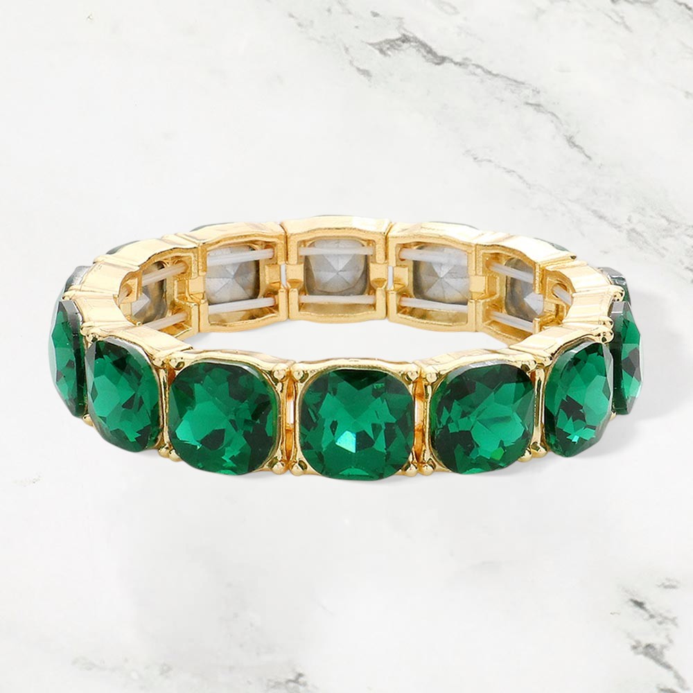 Madeline Love Emerald, Gold Cushion Square Stone Stretch Evening Bracelet