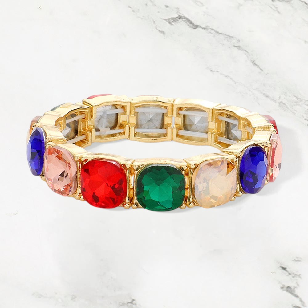 Madeline Love Gold, Multi Cushion Square Stone Stretch Evening Bracelet