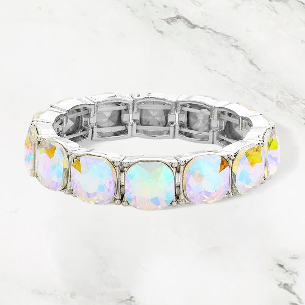 Madeline Love AB, Silver Cushion Square Stone Stretch Evening Bracelet