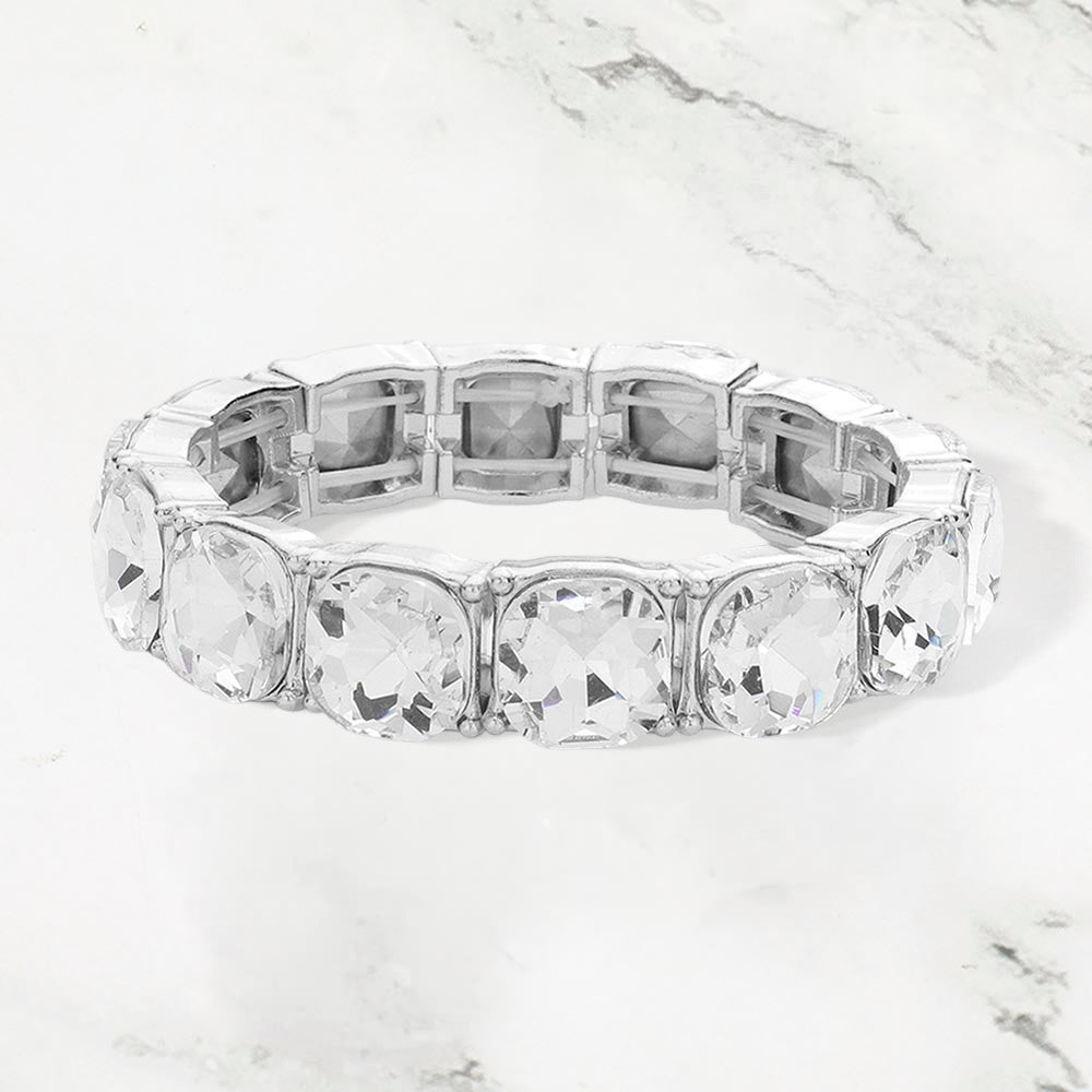 Madeline Love Clear, Silver Cushion Square Stone Stretch Evening Bracelet