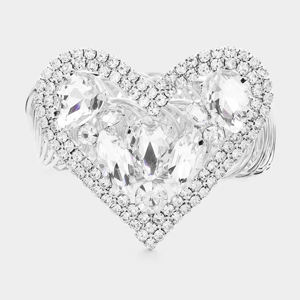 Marquise Teardrop Stone Cluster Embellished Rhinestone Paved Heart Pointed Adjustable Evening Bracelet / Arm Cuff