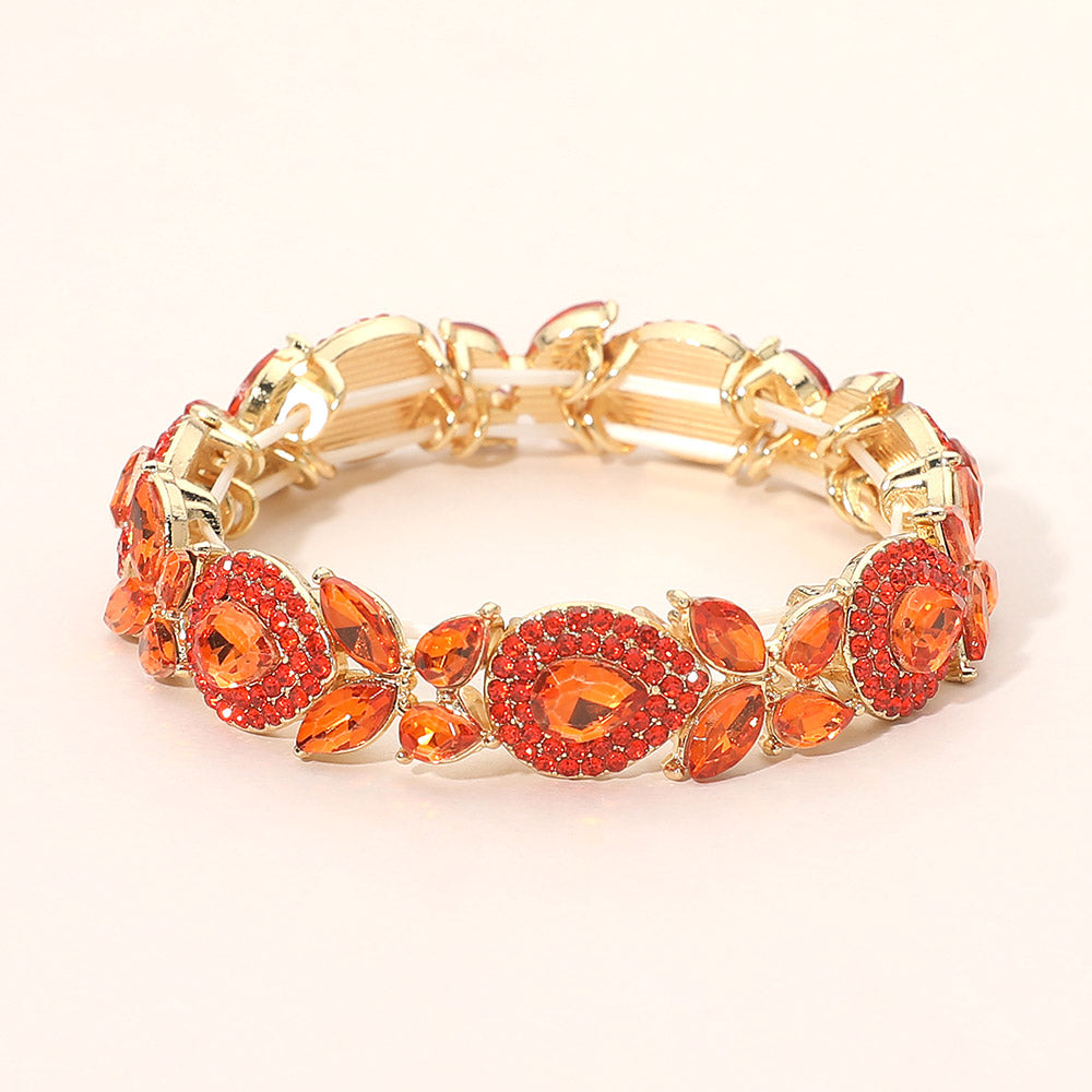 Madeline Love Gold, Orange Marquise Teardrop Stone Cluster Beaded Stretch Bracelet