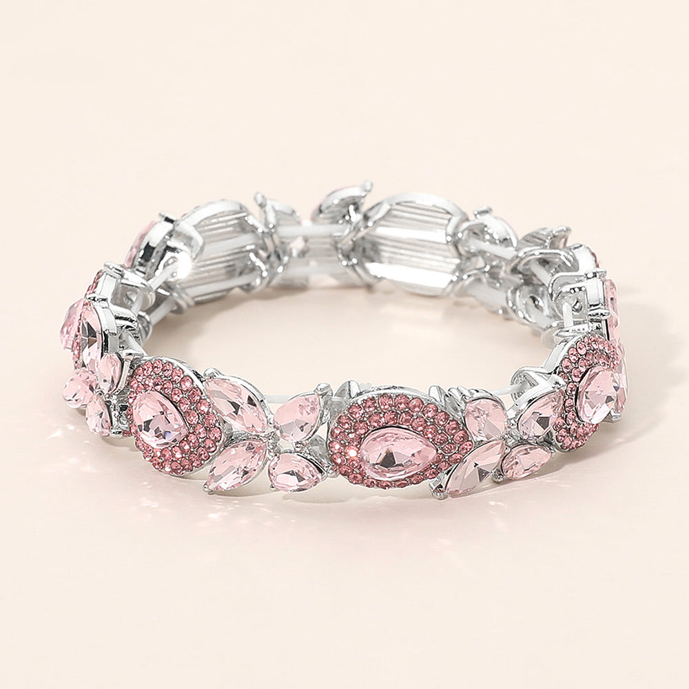 Madeline Love Lt Rose, Silver Marquise Teardrop Stone Cluster Beaded Stretch Bracelet
