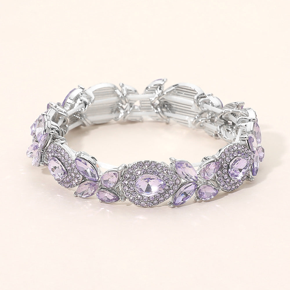 Madeline Love Silver, Violet Marquise Teardrop Stone Cluster Beaded Stretch Bracelet