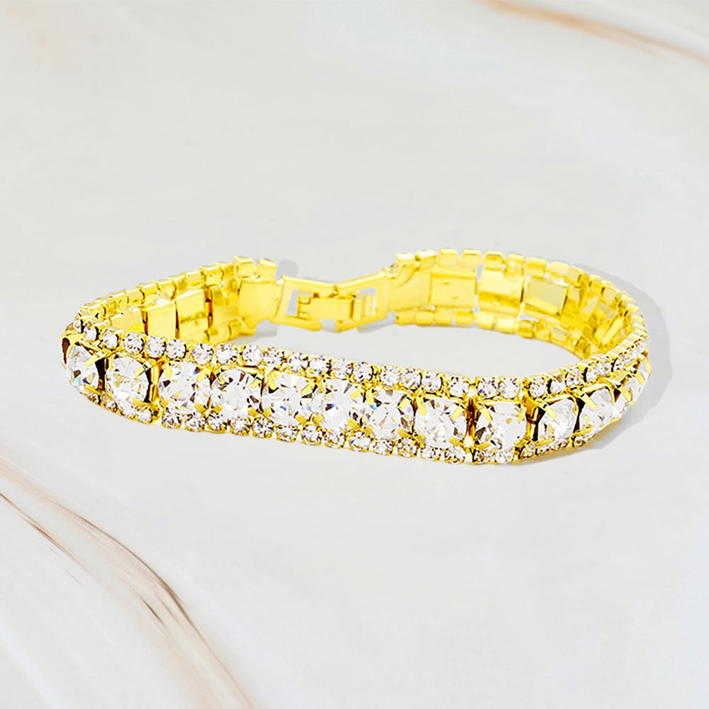 Madeline Love Clear, Gold Round Crystal Rhinestone Trim Evening Bracelet - Bracelets