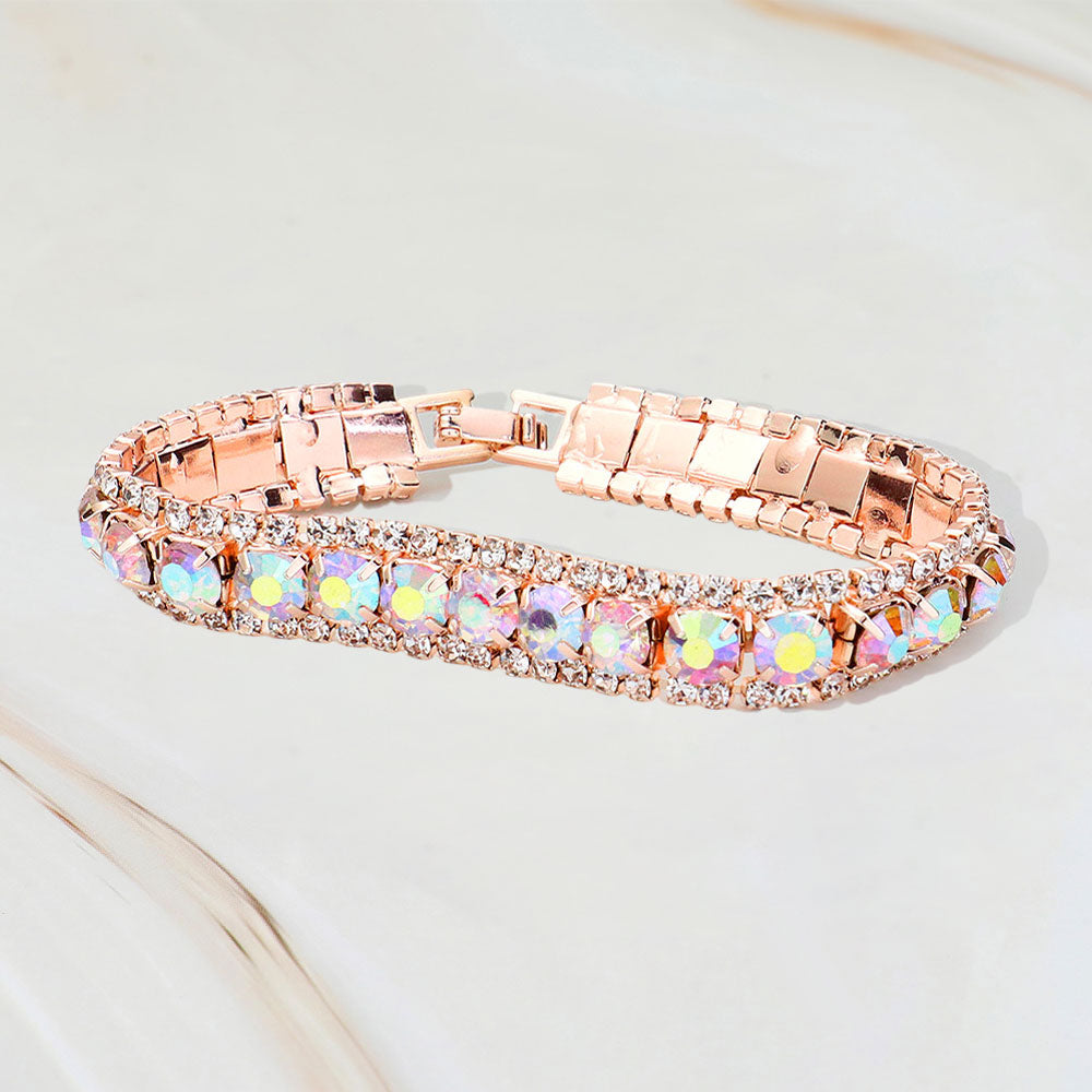 Madeline Love AB, Rose Gold Round Crystal Rhinestone Trim Evening Bracelet - Bracelets
