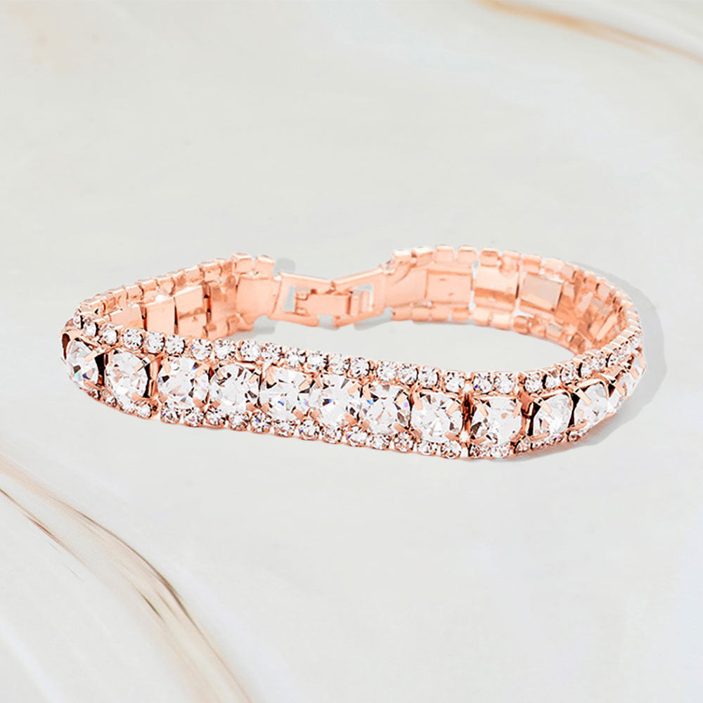 Madeline Love Clear, Rose Gold Round Crystal Rhinestone Trim Evening Bracelet - Bracelets