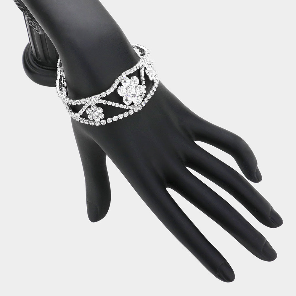 Madeline Love Silver Floral Rhinestone Evening Bracelet