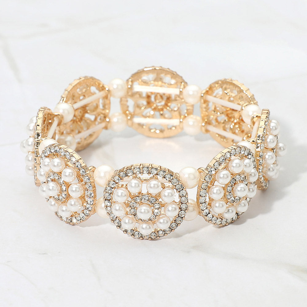 Madeline Love Cream, Gold Pearl Floral Beaded Stretch Evening Bracelet - Bracelets